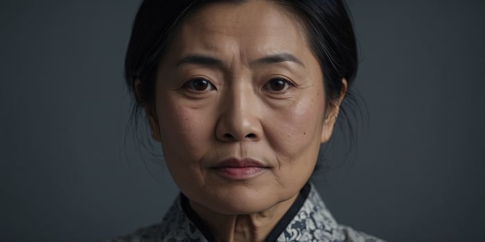 middle aged asian woman on grey background. photo