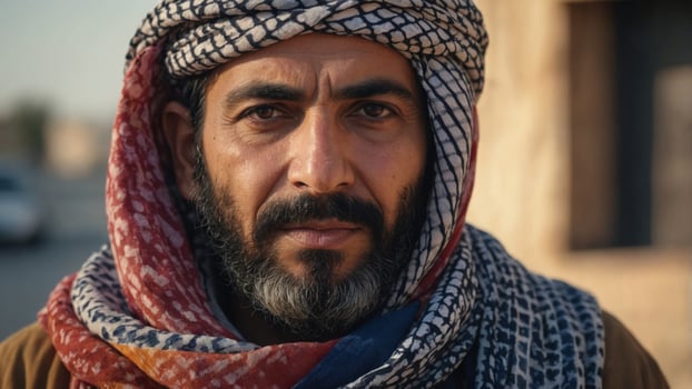Middle Eastern Man with Colorful Keffiyeh Watercolor. photo