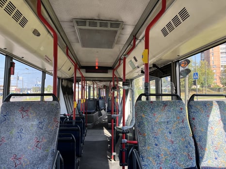 Old city bus interior. Electric buses in Europe. Articulated bus photo