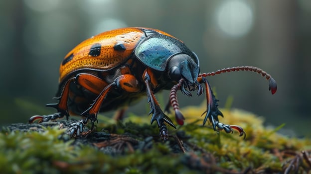 A beetle on a tree trunk in the wild with its colorful wing and legs. photo