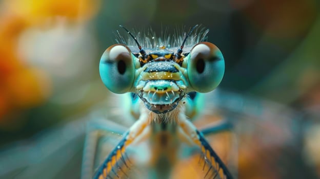 A blue and orange insect with large eyes and long antennae, resembling a dragonfly or damselfly, photo