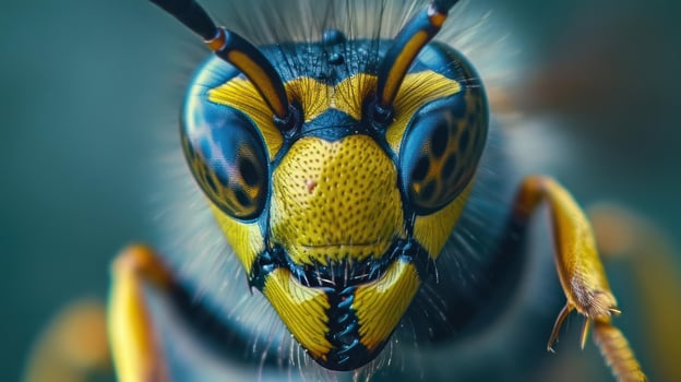 A yellow and black bee in focus with its eyes open. The bee's head is sharply in focus. photo