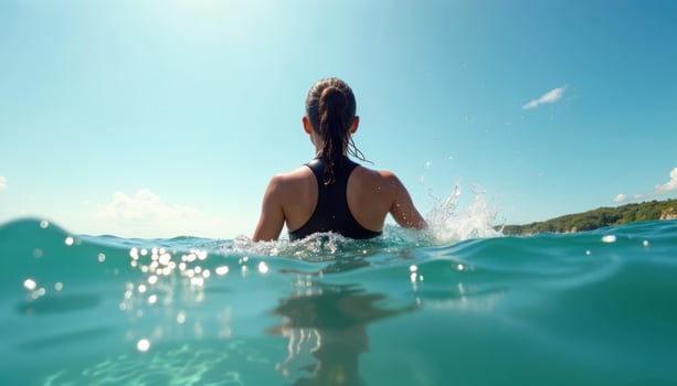 Back view of a woman wearing a wetsuit swimming in the ocean, with waves splashing under a bright, clear sky. photo