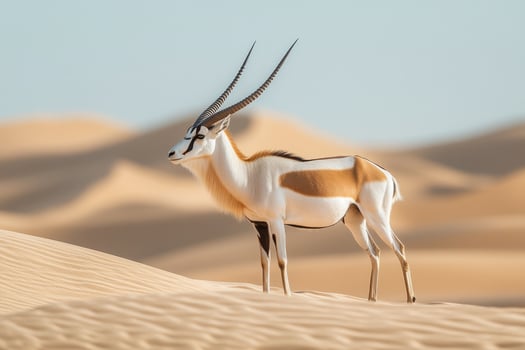 Arabian oryx standing on a sand dune in the desert photo