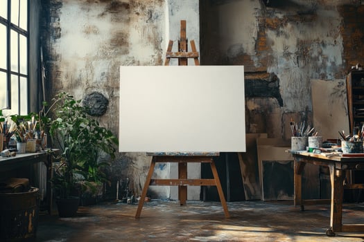 A pristine blank canvas on a wooden easel awaits an artist's creativity in a textured art studio photo