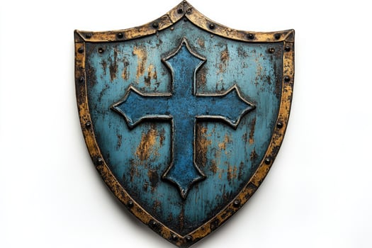 Blue medieval shield with cross showing protection and security photo