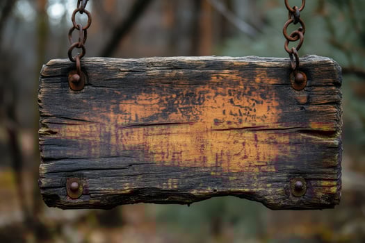 Old wooden sign hanging on rusted chains with blurred background photo