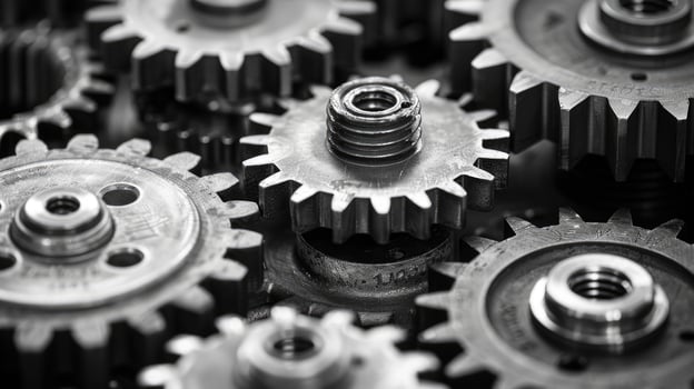 Close-up view of complex interlocking industrial gears in black and white photo