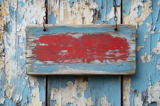 Old red wooden sign with rope hanging on blue weathered wall photo
