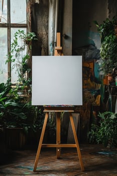 Blank canvas standing on easel in an art studio waiting for a painter photo