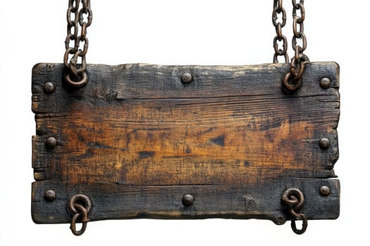 Old empty wooden sign hanging on chains isolated on white background photo