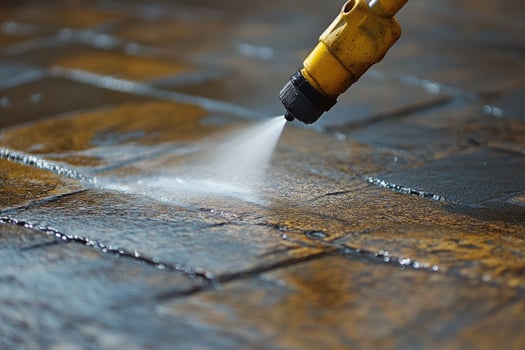 Cleaning dirty pavement with high pressure water jet photo