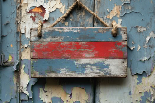 Old red wooden sign with rope hanging on blue weathered wall photo