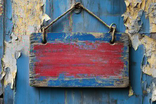 Old red wooden sign with rope hanging on blue weathered wall photo