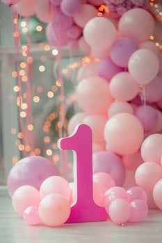 Pink, girlish number one with balloons. Playful symbol 1. Invitation for first birthday celebration. Children, kids party. Greeting card design for baby girl. Women business one year. photo