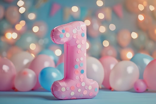 Pink, girlish number one with balloons. Playful symbol 1. Invitation for first birthday celebration. Children, kids party. Greeting card design for baby girl. Women business one year. photo