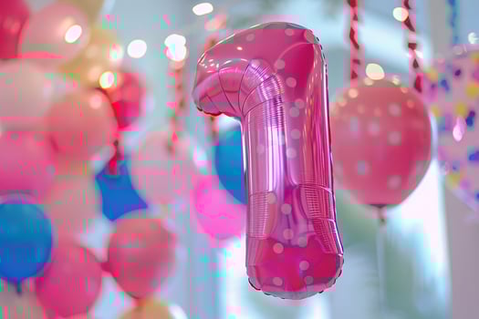 Pink, girlish number one with balloons. Playful symbol 1. Invitation for first birthday celebration. Children, kids party. Greeting card design for baby girl. Women business one year. photo