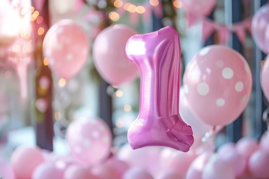 Pink, girlish number one with balloons. Playful symbol 1. Invitation for first birthday celebration. Children, kids party. Greeting card design for baby girl. Women business one year. photo