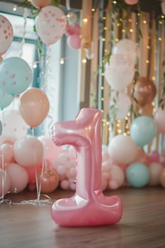 Pink, girlish number one with balloons. Playful symbol 1. Invitation for first birthday celebration. Children, kids party. Greeting card design for baby girl. Women business one year. photo