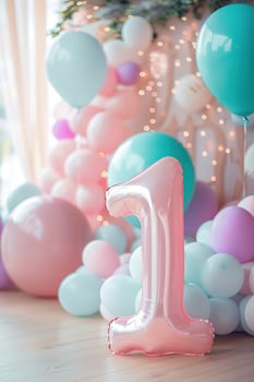 Pink, girlish number one with balloons. Playful symbol 1. Invitation for first birthday celebration. Children, kids party. Greeting card design for baby girl. Women business one year. photo