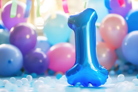 Blue number one with balloons. Playful symbol 1. Invitation for first birthday celebration. Children, kids party. Greeting card design for boy. photo