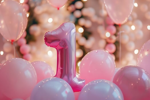 Pink, girlish number one with balloons. Playful symbol 1. Invitation for first birthday celebration. Children, kids party. Greeting card design for baby girl. Women business one year. photo
