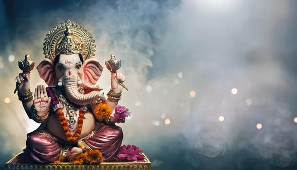 Lord Ganesha, the elephant headed god adorned with flowers photo