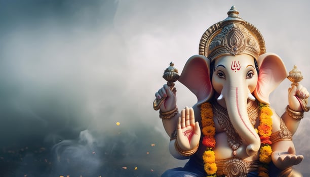 Lord Ganesha, the elephant headed god adorned with flowers banner background photo