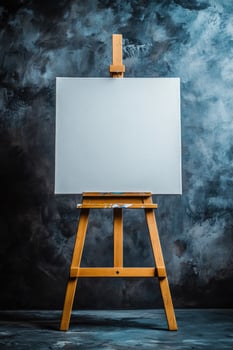 Blank canvas standing on easel in an art studio with abstract painting in background photo