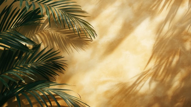 Tropical green palm tree leaves casting shadows on an orange wall photo