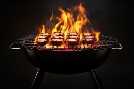 Barbecue grill flaming up with juicy meat cooking on the grill grates photo