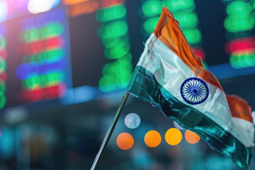 Indian flag waving with stock market data in the background photo