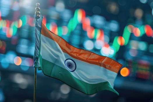 Indian flag waving with stock market data in the background photo