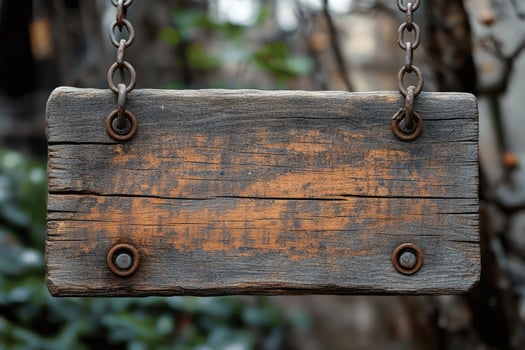 Old wooden sign hanging on rusted chains with blurred background photo