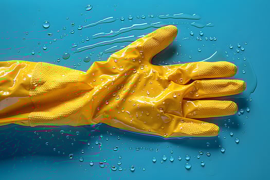 Yellow Cleaning Glove on Wet Blue Surface Household Cleaning Concept for Stock Photography photo