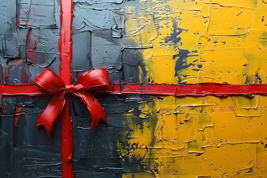 Abstract Festive Art 3D Palette Knife Painting of a Gift Box with Red Bow - Christmas and Holiday Decoration Design for Cards and Posters photo