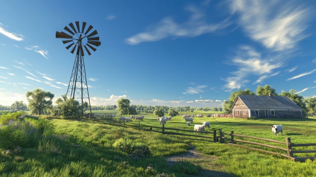 A serene countryside scene featuring a windmill, barn, and grazing cattle under a blue sky photo