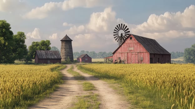 A serene rural landscape featuring a red barn, silo, and windmill amidst golden fields photo
