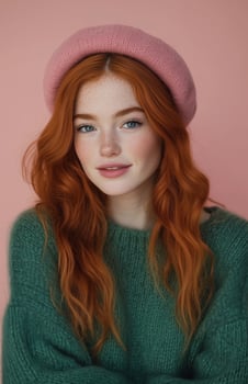 A cheerful young redhead in a green sweater and pink beret, smiling warmly photo