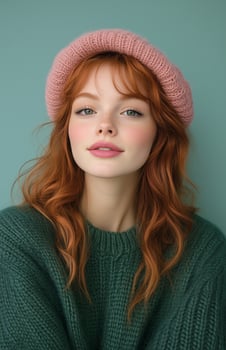 A cheerful young redhead in a green sweater and pink beret, smiling warmly photo
