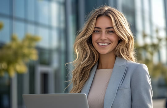 Professional woman smiling with a laptop outside a modern office building during the day photo