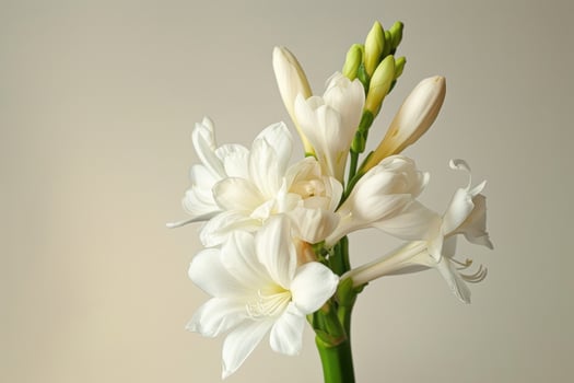 Delicate white flowers bloom against a soft background in a serene indoor setting photo