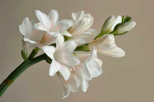 Delicate white flowers bloom gracefully against a soft background in a serene indoor setting photo