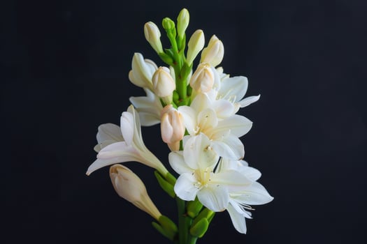 Delicate white flowers with soft pink buds against a dark background in a close-up view photo
