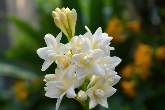 Delicate white flowers bloom amidst vibrant green foliage in a tropical garden setting photo