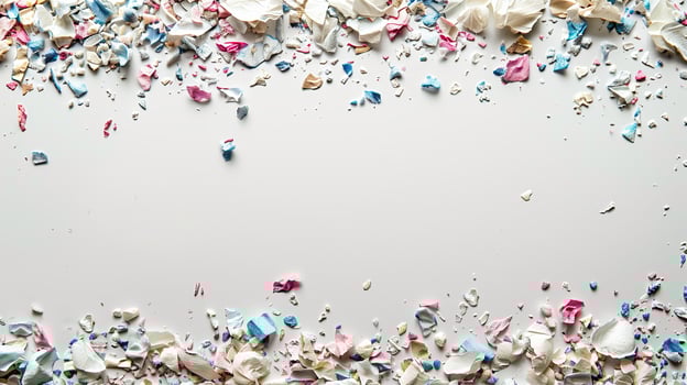 Pieces of colorful plastic and polyethylene on white background, flat lay and top view photo