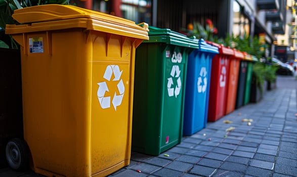 Four color trash cans or garbage bin in the street beside the walk way photo