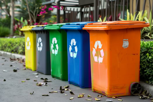 Four color trash cans or garbage bin in the street beside the walk way photo