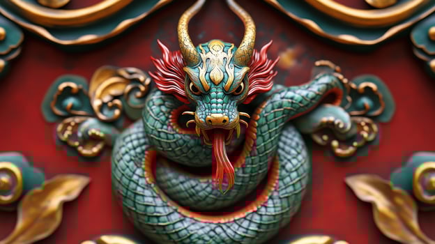 Beautifully crafted green snake with gold details and red tongue, marking the 2025 Chinese zodiac. photo