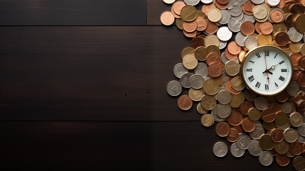 Financial time management banner background copy space. Timepiece, pile of metal coins on wooden surface image backdrop empty. Finance savings concept composition top view, copyspace photo